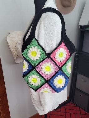 Crocheted Daisy Patchwork Tote Bag in Black with Green, Pink & Blue